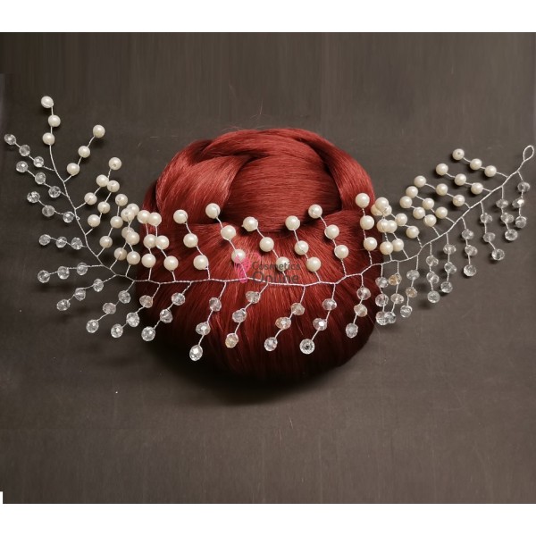Accesoriu modern pentru decor par WED10 Argintiu cu cristale si perle de 35cm